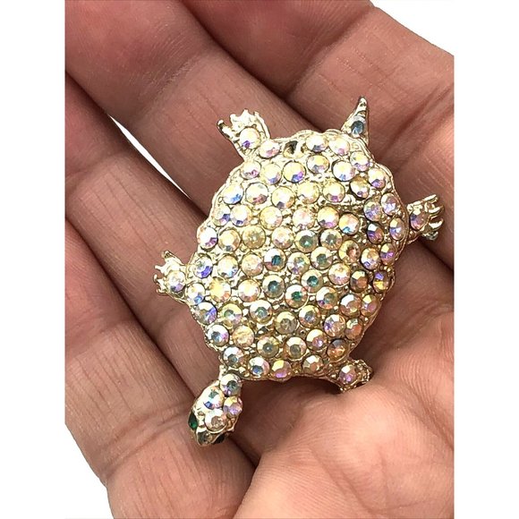 Vintage Turtle AB Glass Rhinestone Brooch Pin Goldtone Figural Animal - Picture 6 of 9